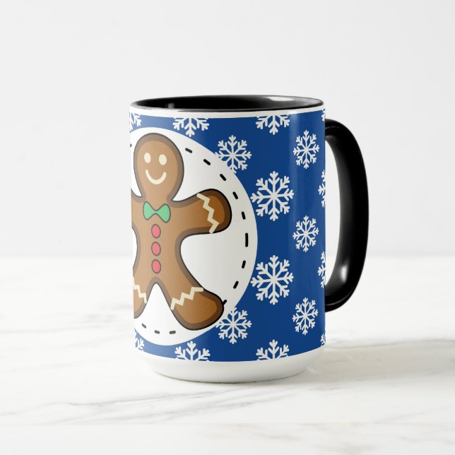 Gingerbread Man on Blue White Snowflakes Pattern Mug (Front Right)