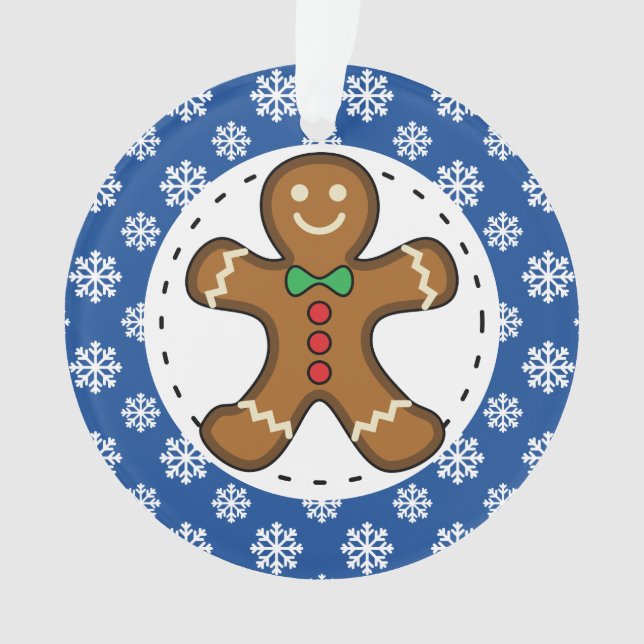 Gingerbread Man on Blue White Snowflakes Pattern Ornament (Front)