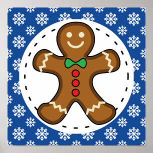 Gingerbread Man on Blue White Snowflakes Pattern Poster