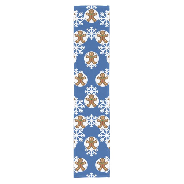 Gingerbread Man on Blue White Snowflakes Pattern Short Table Runner (Front)