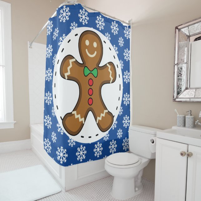 Gingerbread Man on Blue White Snowflakes Pattern Shower Curtain (In Situ)
