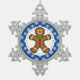 Gingerbread Man on Blue White Snowflakes Pattern Snowflake Pewter Christmas Ornament