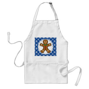 Gingerbread Man on Blue White Snowflakes Pattern Standard Apron