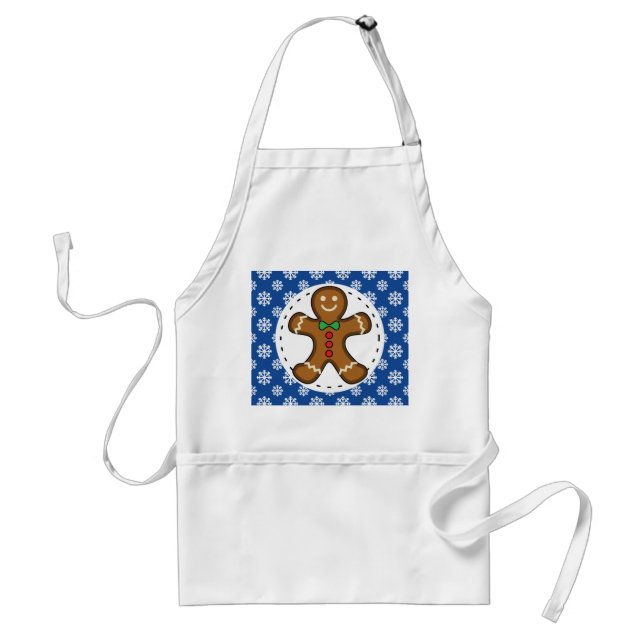 Gingerbread Man on Blue White Snowflakes Pattern Standard Apron (Front)