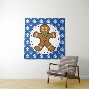 Gingerbread Man on Blue White Snowflakes Pattern Tapestry
