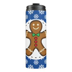 Gingerbread Man on Blue White Snowflakes Pattern Thermal Tumbler