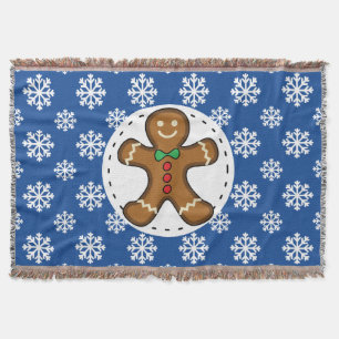Gingerbread Man on Blue White Snowflakes Pattern Throw Blanket
