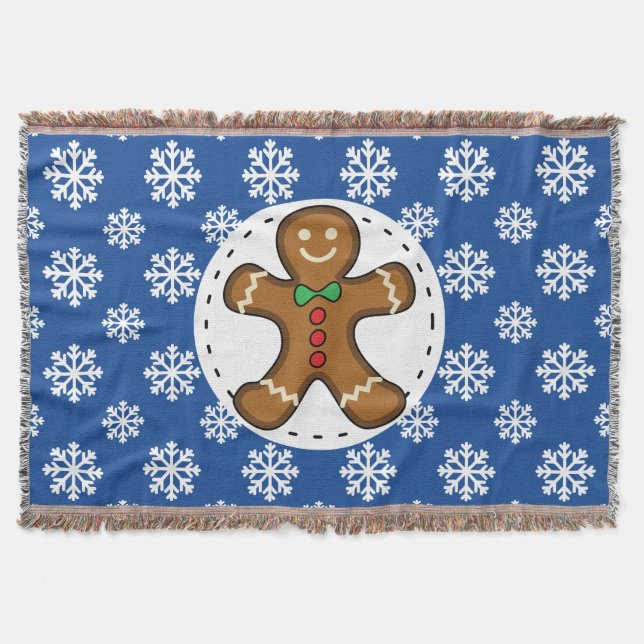 Gingerbread Man on Blue White Snowflakes Pattern Throw Blanket (Front)