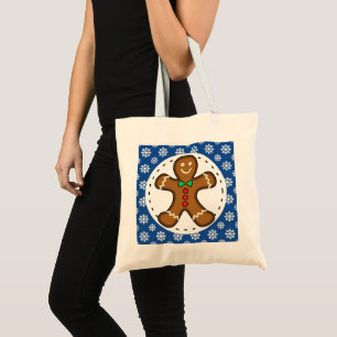 Gingerbread Man on Blue White Snowflakes Pattern Tote Bag