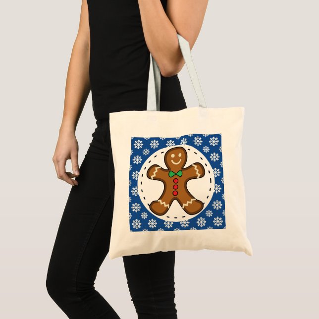 Gingerbread Man on Blue White Snowflakes Pattern Tote Bag (Front (Product))