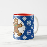 Gingerbread Man on Blue White Snowflakes Pattern