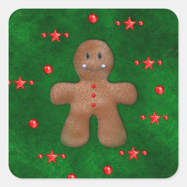 Gingerbread Man on Green Square Sticker (Front)