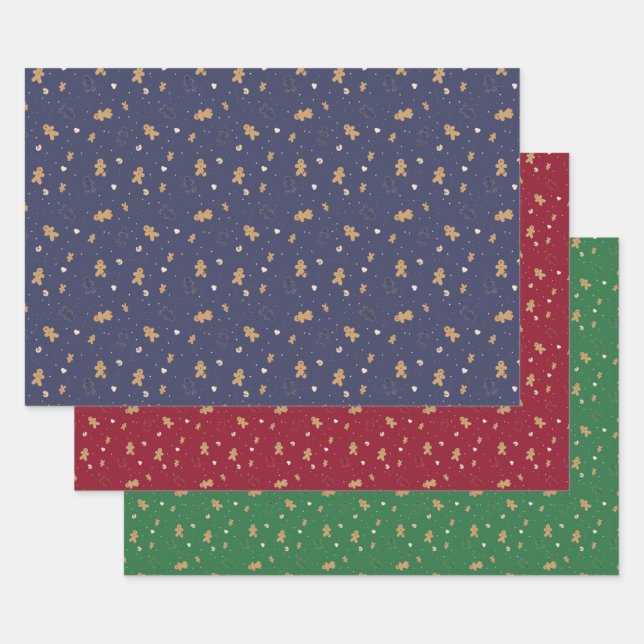 Gingerbread man on red, blue and green wrapping paper sheet (Set)