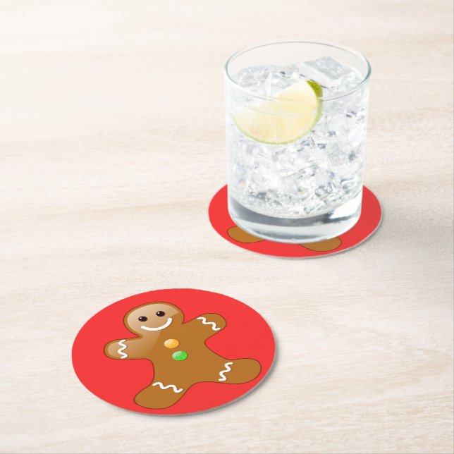 Gingerbread Man on Red Round Paper Coaster (Insitu)