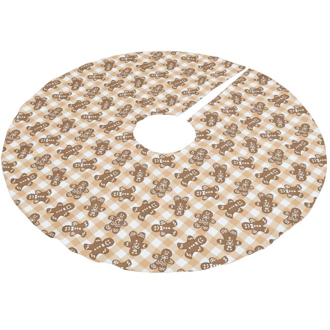Gingerbread Man Pattern Rustic Plaid Brushed Polyester Tree Skirt (Angled)