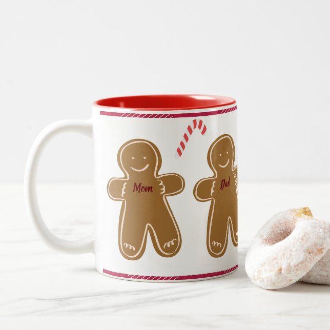 Gingerbread Man Personalise Name Family Holiday Two-Tone Coffee Mug (With Donut)