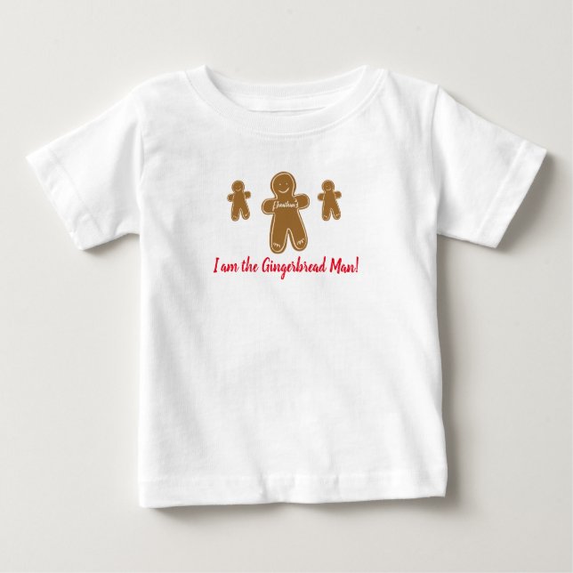 Gingerbread Man Personalised Name Holiday Festive Baby T-Shirt (Front)