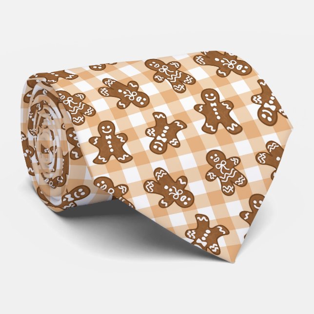 Gingerbread Man Plaid Pattern Holiday Tie (Rolled)