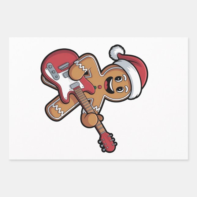 Gingerbread Man Play Guitar Electric Christmas  Wrapping Paper Sheet (Front)