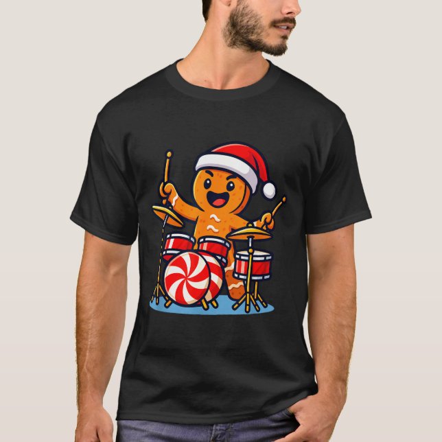 Gingerbread Man Playing Drums  T-Shirt (Front)