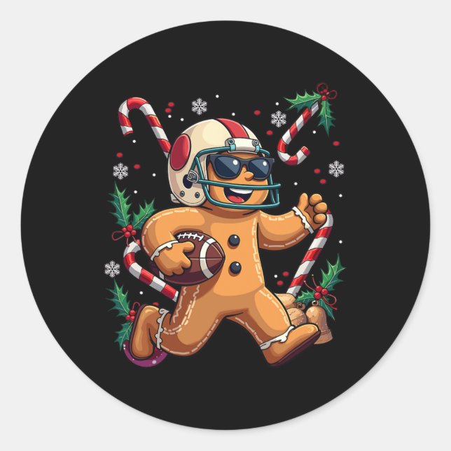 Gingerbread Man Playing Football Christmas Xmas Ki Classic Round Sticker (Front)