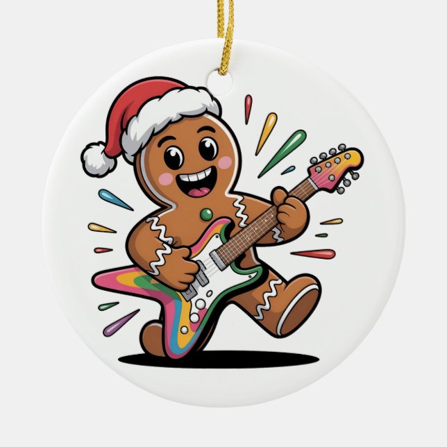 Gingerbread Man Playing Guitar Electric Santa  Ceramic Ornament (Front)
