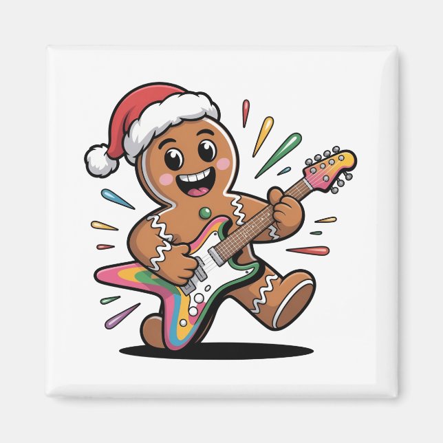 Gingerbread Man Playing Guitar Electric Santa  Magnet (Front)