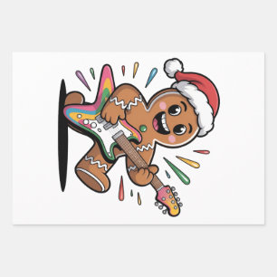 Gingerbread Man Playing Guitar Electric Santa Wrapping Paper Sheet