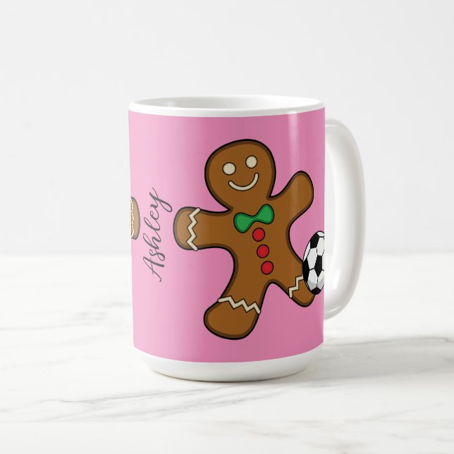 Gingerbread Man Playing Soccer | Add your Name Coffee Mug (Front Right)