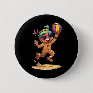 Gingerbread Man Playing Volleyball Christmas Xmas 6 Cm Round Badge
