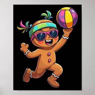 Gingerbread Man Playing Volleyball Christmas Xmas Poster