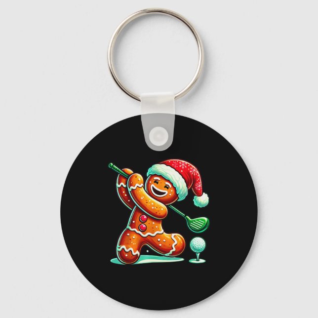 Gingerbread Man Plays Golf Christmas Golfing Santa Key Ring (Front)