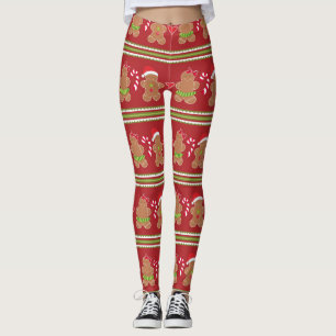 Gingerbread Man Red and Green Horizontal Stripes Leggings