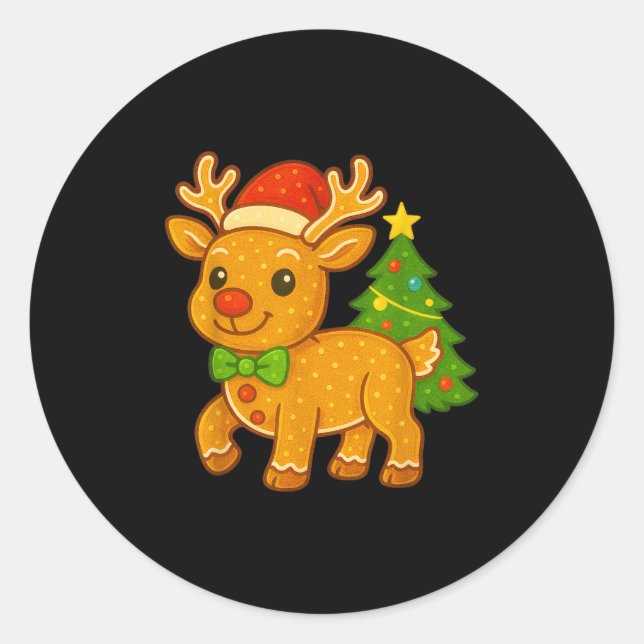 Gingerbread Man Reindeer Santa Hat Christmas Tree  Classic Round Sticker (Front)
