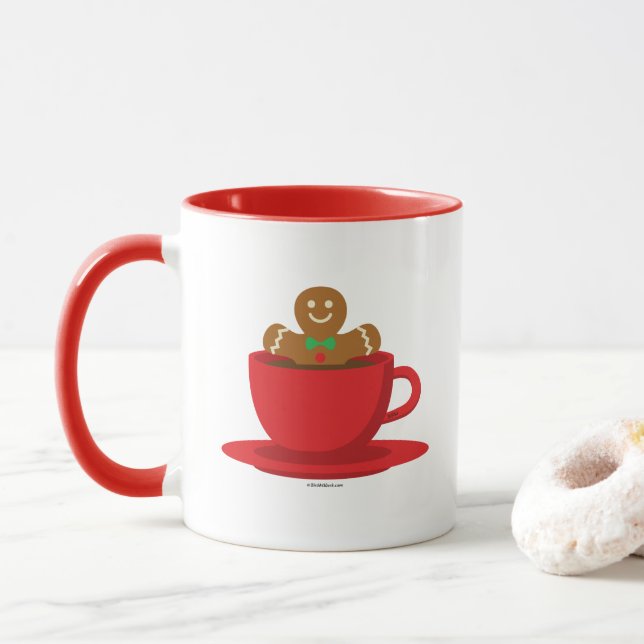 Gingerbread Man Relaxing In Hot Chocolate Red Cup (With Donut)