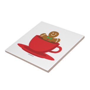 Gingerbread Man Relaxing In Hot Chocolate Red Cup Ceramic Tile