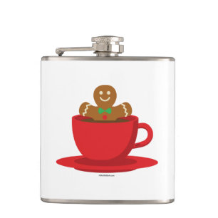 Gingerbread Man Relaxing In Hot Chocolate Red Cup Hip Flask