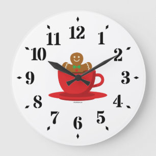 Gingerbread Man Relaxing In Hot Chocolate Red Cup Large Clock