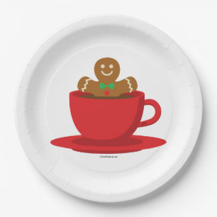 Gingerbread Man Relaxing In Hot Chocolate Red Cup Paper Plate
