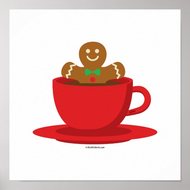 Gingerbread Man Relaxing In Hot Chocolate Red Cup Poster (Front)