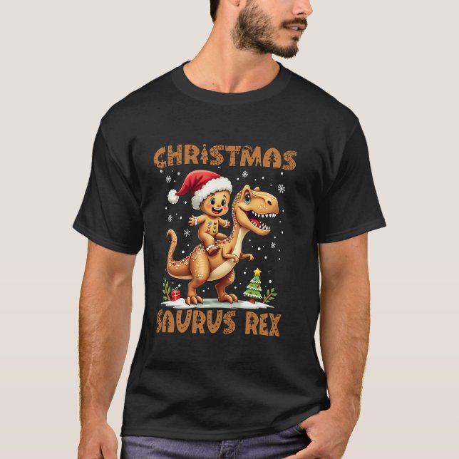 Gingerbread Man Riding Dinosaur T rex Christmas 20 T-Shirt (Front)