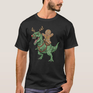 Gingerbread Man Riding T-Rex Christmas Dinosaur T-Shirt