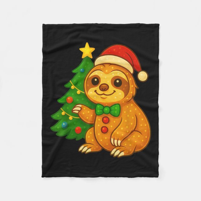Gingerbread Man Sloth Santa Hat Christmas Tree  Fleece Blanket (Front)