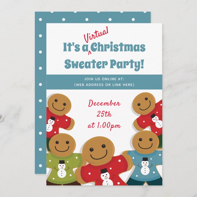 Gingerbread Man Sweater Blue Virtual Christmas Invitation (Front/Back)