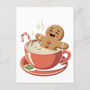 Gingerbread Man Taking a Matcha Bathub Christmas Announcement Postcard