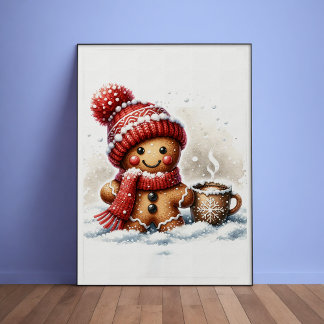 Gingerbread Man with a Coffee cup in Snow Poster
