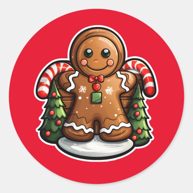 Gingerbread man with candy canes classic round sticker (Front)