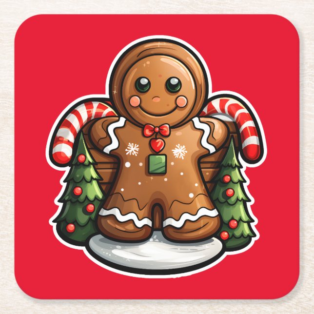 Gingerbread man with candy canes square paper coaster (Front)