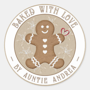 Gingerbread Man with Hearts Snowflakes Holiday Classic Round Sticker