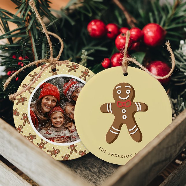 Gingerbread Man Yellow Polka Dot Christmas Photo Ceramic Ornament (Creator Uploaded)